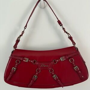 Christian Dior Vintage Leather Bondage Bag Red Shiny Calfskin Leather